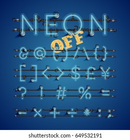 Blue neon character set on blue background, vector illustration