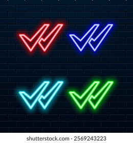 Blue neon checkmark. neon check mark isolated on brick wall background..