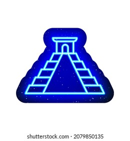 Blue neon chichen Itza building icon. Midnight blue. Neon mexican architectural itza design. Realistic neon icon. There is mask area on White Background.