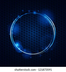 Blue neon circle border background on metallic mesh
