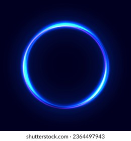 Blue neon circle frame. Glowing electric lights round form. Illuminated shining design element for banner, poster, cover. Circular flare radial. Vector illustration 