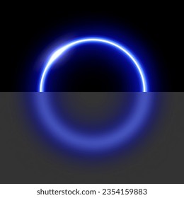 Blue neon circle with glassmorphism effect vector illustration. Abstract luminous LED ring with blurred glass, shiny round frame of laser for poster or banner, futuristic techno presentation.