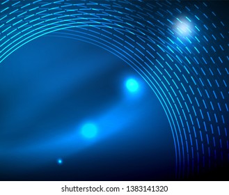 Blue neon circles, abstract circular lines. Glowing circle vector abstract pattern background