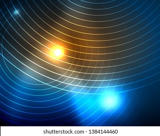 Blue neon circles, abstract circular lines. Glowing circle vector abstract pattern background