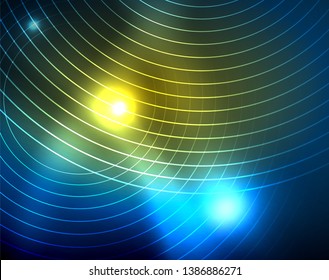 Blue neon circles, abstract circular lines. Glowing circle vector abstract pattern background