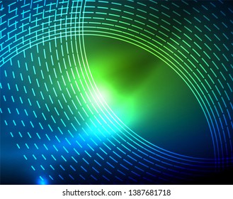 Blue neon circles, abstract circular lines. Glowing circle vector abstract pattern background
