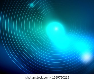 Blue neon circles, abstract circular lines. Glowing circle vector abstract pattern background