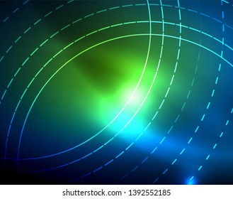 Blue neon circles, abstract circular lines. Glowing circle vector abstract pattern background