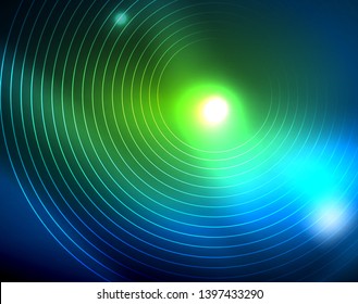 Blue neon circles, abstract circular lines. Glowing circle vector abstract pattern background