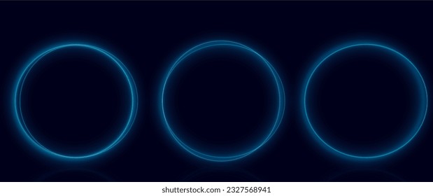 Blue neon circles for swirl shiny rings light effect. Curved blue line light effect. A luminous circular portal emitting a blue glow appears on the road. Vector illustration