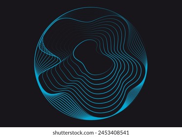 Blue neon circular and warped mesh background on black background.
