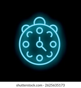 Blue neon clock glowing on black background representing concept of time