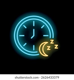 Blue neon clock is showing bedtime with a crescent moon and z letters for sleep time