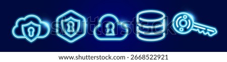 Blue neon cloud security neon icons set with lock, shield, database server, access key logo for data protect, server access, storage systems, digital encryption symbol, UI design. Vector illustration
