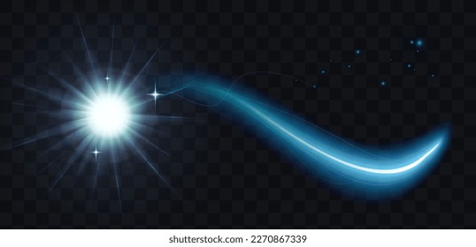 Blue neon comet with luminous trail of wave shape and glowing light effect vector illustration. Abstract curves and swirls of magic speed motion in space, glow and sparkle of flying star with tail