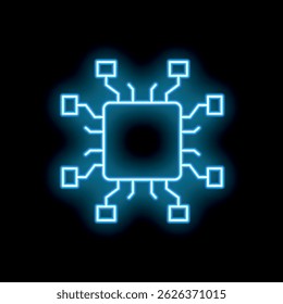 Blue neon cpu microchip icon glowing on black background representing concepts such as technology, computing and digital processing