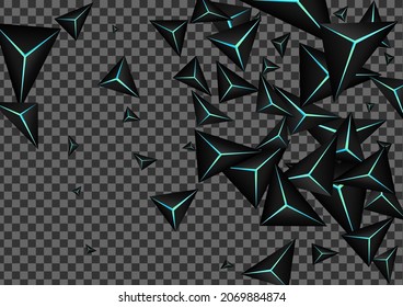 Blue Neon Crystal Background Transparent Vector. Jet Black Facet Technology. Polygon Deep Template. Obsidian Gradation Illustration.