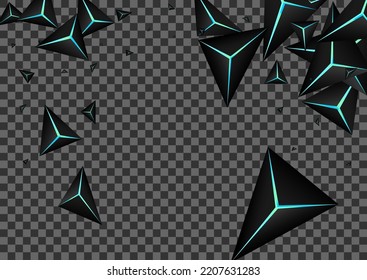 Blue Neon Crystal Background Transparent Vector. Dark Polygon Abstract. Triangle Poly Card. Obsidian Technology Template.