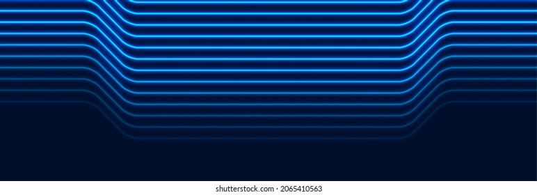 Blue Neon Curved Lines Abstract Futuristic Geometric Background. Vector Banner Design