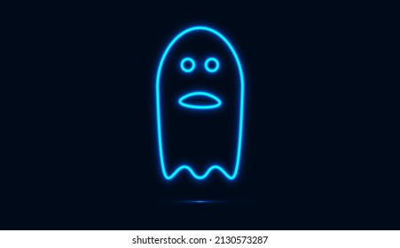 Blue neon of cute halloween ghost isolated on dark background. Vector illustration