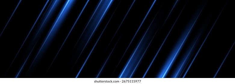Blue neon diagonal light beams on black background. Glowing electric streaks with smooth reflections and motion blur effect. Futuristic sci-fi lighting backdrop vector.