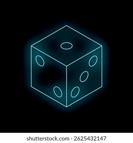 Blue neon dice is glowing on a black background showing the number five