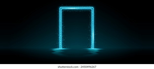 Blue neon door frame with sparkles and reflections on water surface. Realistic 3d vector illustration of magic glowing portal with smoke and glitter. Futuristic mystery rectangle luminous border.