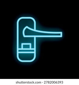 Blue neon door handle glowing on black background
