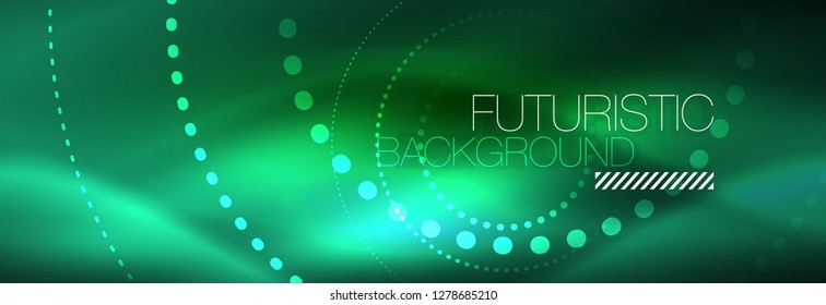 Blue neon dotted circles abstract background, technology energy, vector illustration