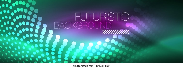 Blue neon dotted circles abstract background, technology energy, vector illustration