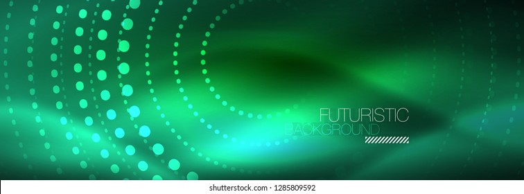 Blue neon dotted circles abstract background, technology energy, vector illustration