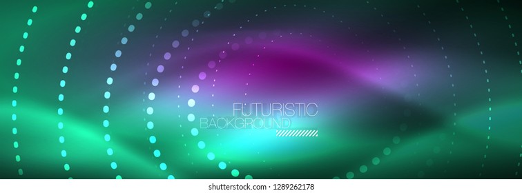 Blue neon dotted circles abstract background, technology energy, vector illustration