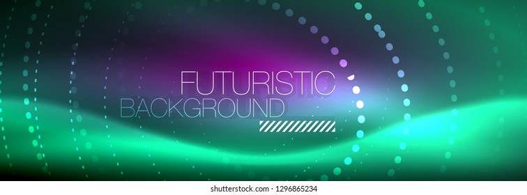 Blue neon dotted circles abstract background, technology energy, vector illustration