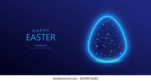 blue neon easter egg, vector holiday card, light dots