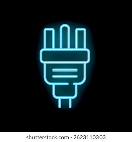 Blue neon electric plug glowing in the dark, a bright illustration for power and electricity