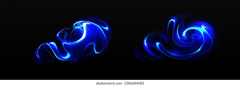 Blue neon energy beam ripple game vector effect illustration. Flash png power spark. Abstract magic spell attack flare. Magical wand witchcraft swirl with steam blur rpg asset. Glowinf charm hit set