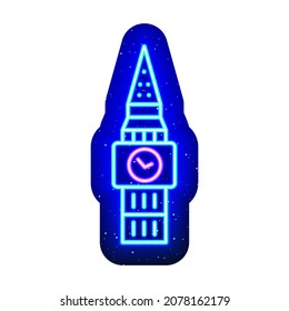 Blue neon england clock tower icon. Midnight blue. Neon clock tower and annex architectural design. Realistic neon icon. There is mask area on White Background.