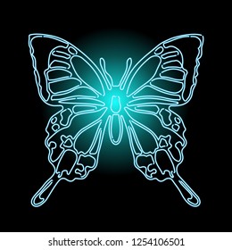 Blue Neon flying butterfly. Vector illustration. Creative realistic drawing. Vintage paintings, postcard, background, wallpaper. Interior decoration. Gift favorite to girl