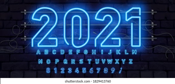 Blue Neon Font, Complete Alphabet And Numbers. Glowing Alphabet, Electric Stand, Against A Brick Wall Background, Electric Abc..