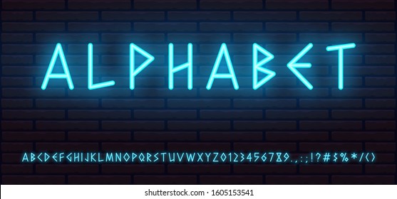 blue neon font greek style. letters, numerals, signs, symbols and icons for advertising and web design