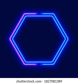 Blue neon frame, hexagon glowing sign, vector illustration.