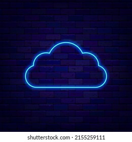 Blue neon frame on brick wall. Cloud data storage. Empty border. Space for text. Shiny flyer. Glowing effect poster. Editable stroke. Vector stock illustration
