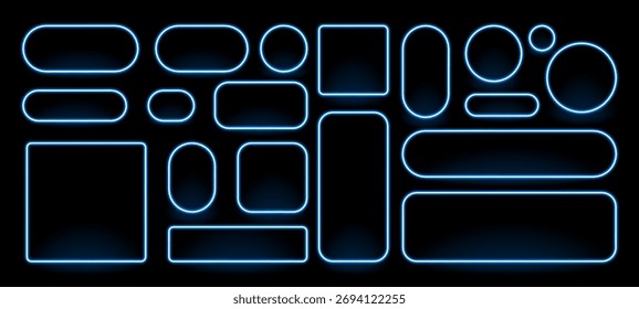 Conjunto de quadros de néon azul. Várias formas geométricas brilhantes em um plano de fundo preto. Design de borda futurista para web, interface de usuário ou interface de jogo.