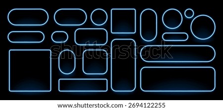 Blue neon frame set. Various glowing geometric shapes on a black background. Futuristic border design for web, ui or game interface.