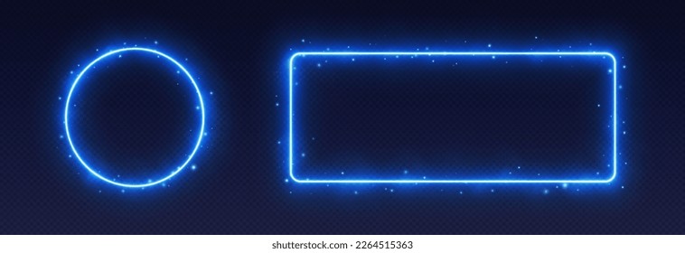 Marcos de neón azul con humo y chispas, concepto de bordes de hielo. Elementos brillantes de círculo y rectángulo para la interfaz de usuario de juego. Ilustración vectorial.