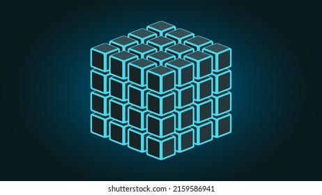 Blue neon futuristic cube of cubes on dark background