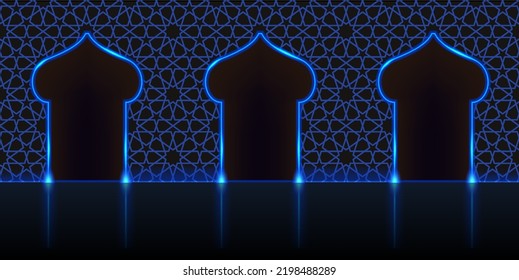 Blue neon gates, glowing light effect, Arabic Voroccan ornament,  Techno futuristic portal, podium stage platform, cyberpunk Virtual reality background. Vector illustration