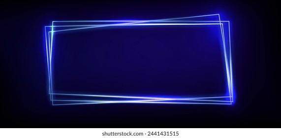 Marco de rectángulo de neón azul brillante. Ilustración vectorial realista de borde triple y cuadro de texto. Banner rectangular de línea luminosa de pared con espacio vacío. Retro futurista festivo y mostrar diseño de cartelera.