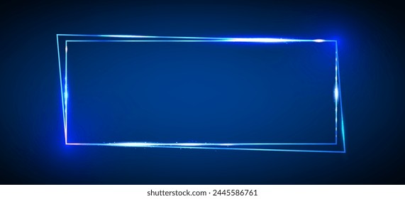 Blue neon glow rectangle frame. Realistic vector illustration of double border and text box. Wall luminous line rectangular banner with empty space. Retro futuristic festive and show billboard design.