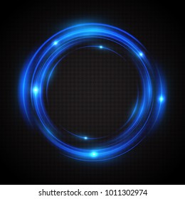 Blue neon glow rings. A bright, luminous frame from the traces of the flaming rays swirling around in a circle. Vector illustration